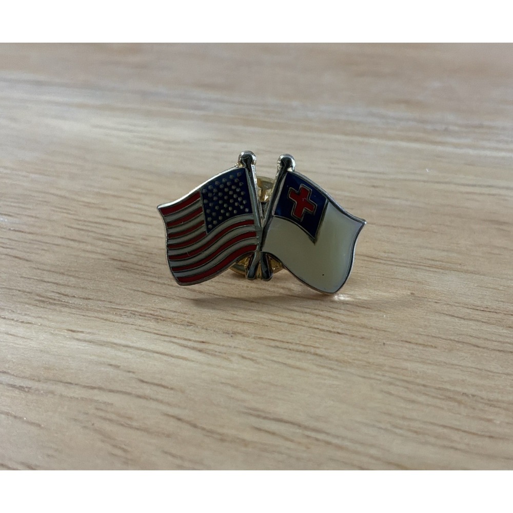 USA & Christian Flag Friendship Union Patriotic Lapel Pin Religious Brooch